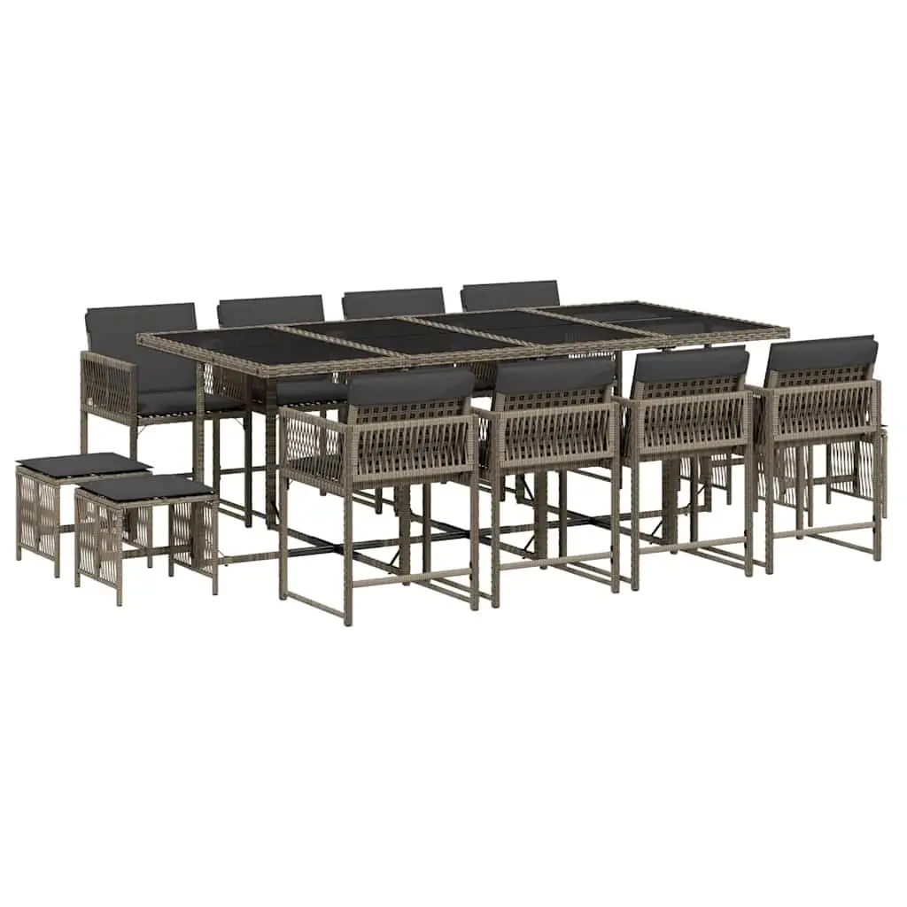 13 Piece Garden Dining Set with Cushions Grey Poly Rattan 3211520 - Furniture