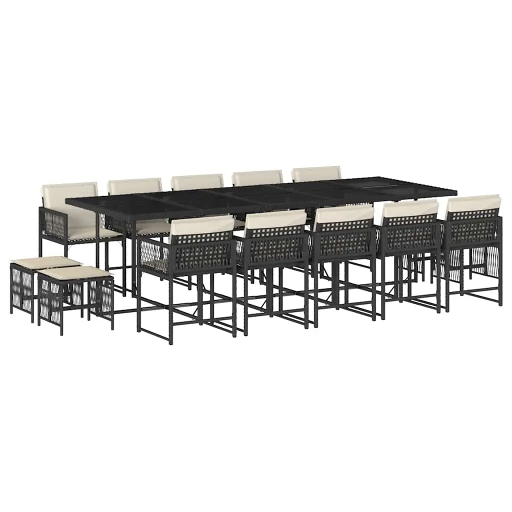 15 Piece Garden Dining Set with Cushions Black Poly Rattan 3211530 - Furniture