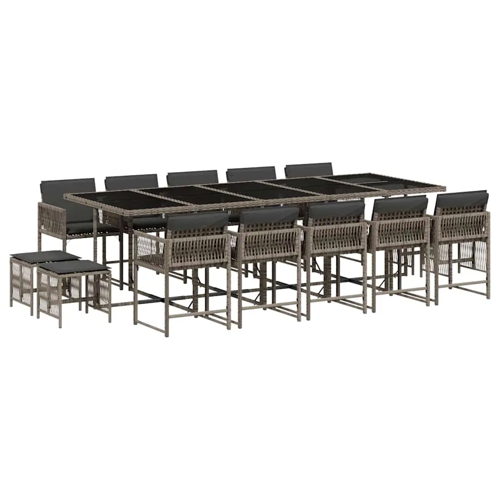 15 Piece Garden Dining Set with Cushions Grey Poly Rattan 3211532 - Furniture