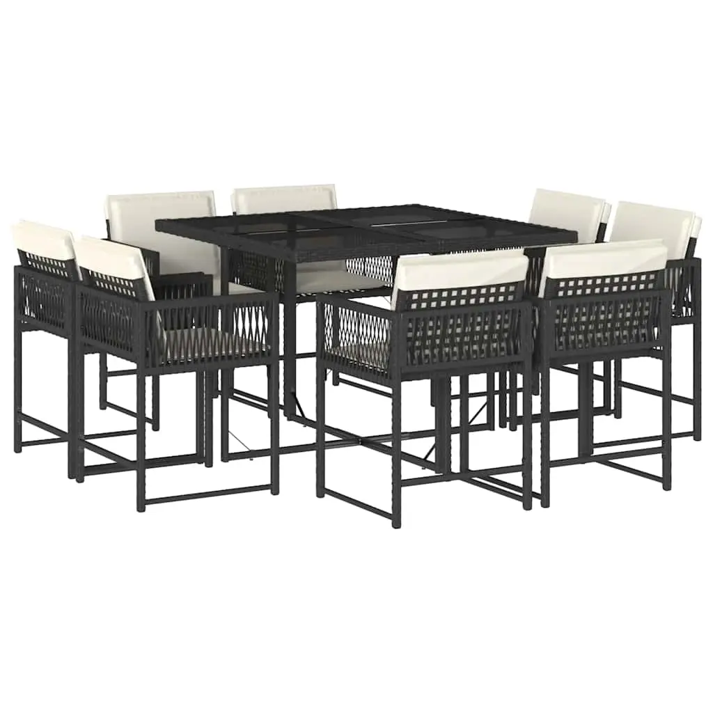 9 Piece Garden Dining Set with Cushions Black Poly Rattan 3211554 - Furniture
