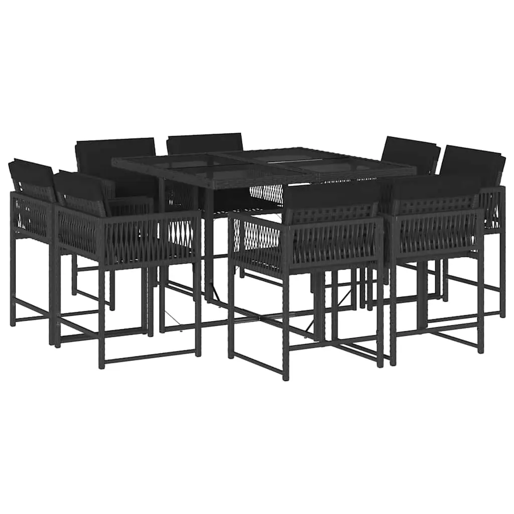 9 Piece Garden Dining Set with Cushions Black Poly Rattan 3211555 - Furniture
