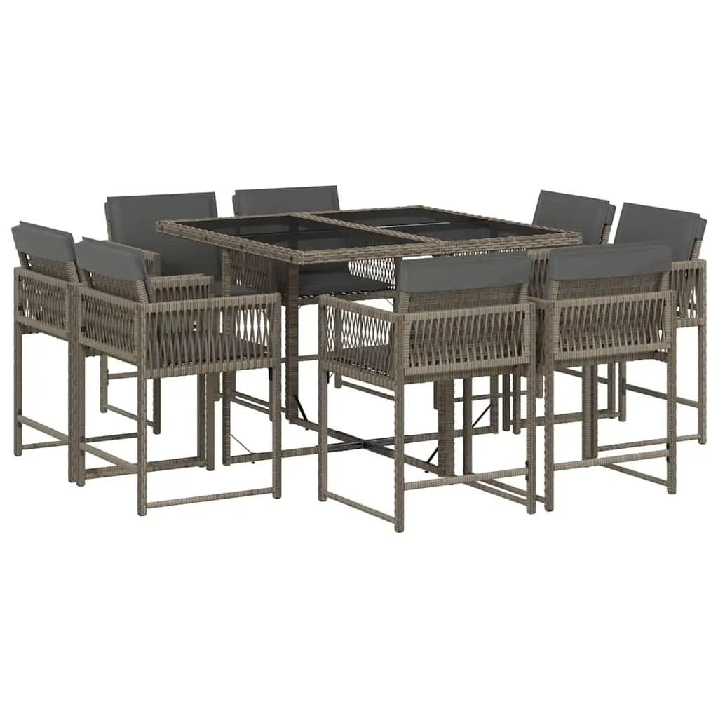 9 Piece Garden Dining Set with Cushions Grey Poly Rattan 3211556 - Furniture