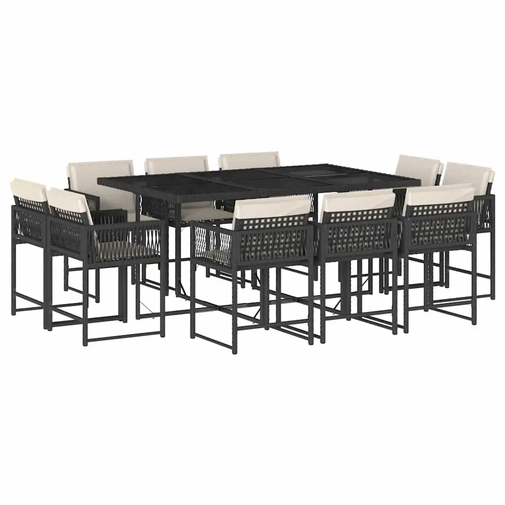 11 Piece Garden Dining Set with Cushions Black Poly Rattan 3211566 - Furniture
