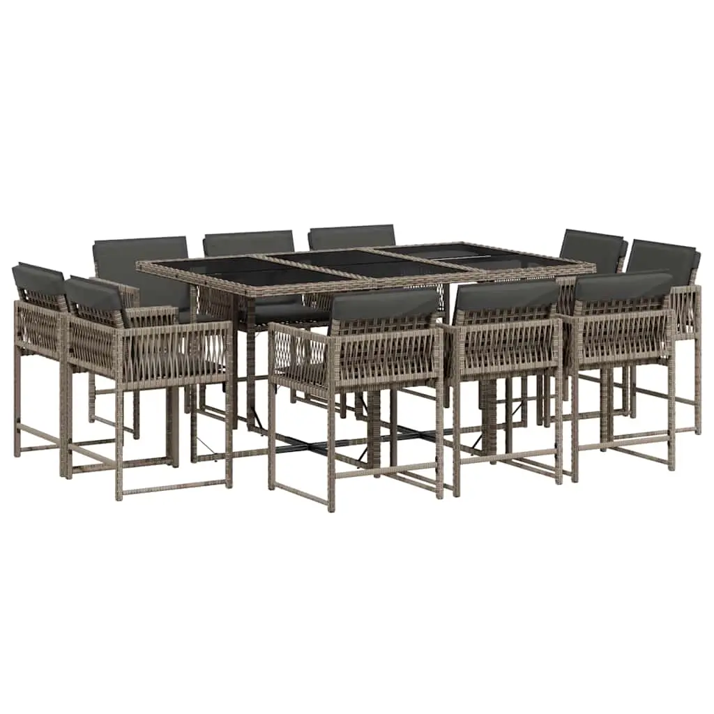 11 Piece Garden Dining Set with Cushions Grey Poly Rattan 3211568 - Furniture