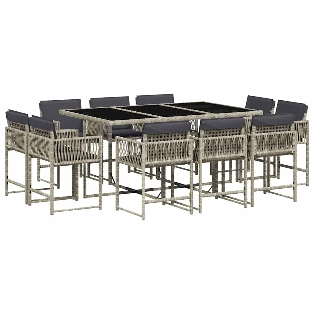 11 Piece Garden Dining Set with Cushions Light Grey Poly Rattan 3211571 - Furniture