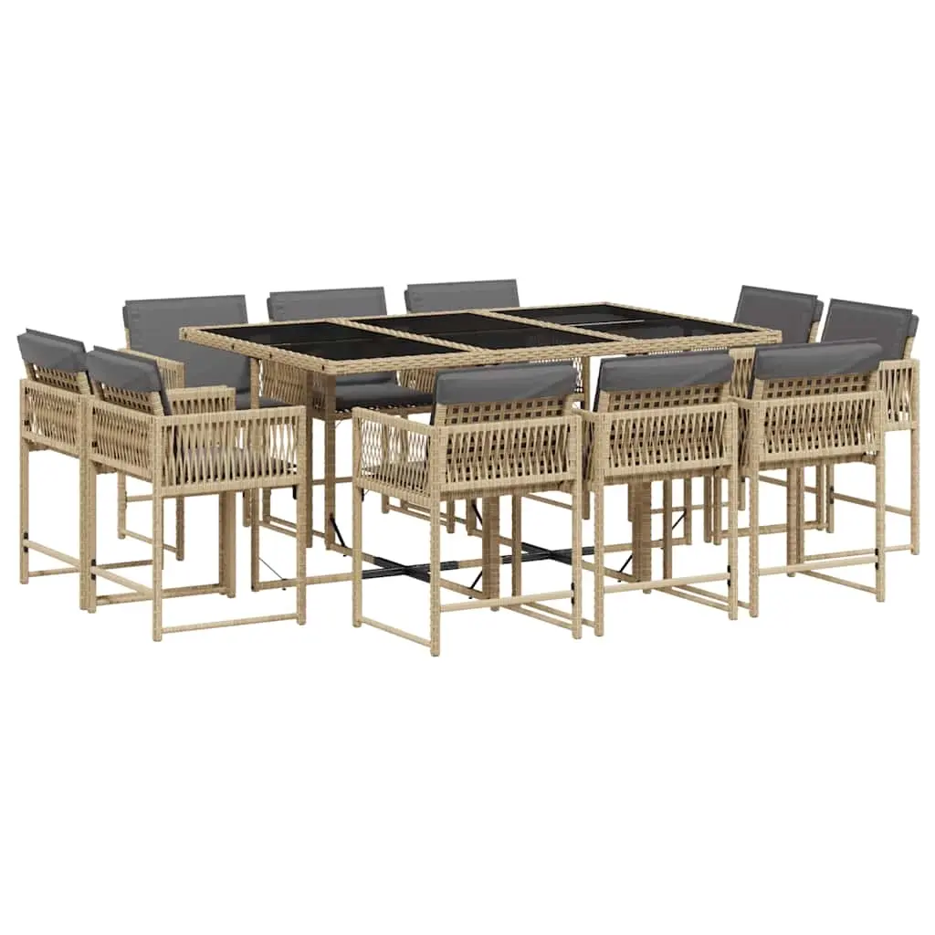 11 Piece Garden Dining Set with Cushions Mix Beige Poly Rattan 3211572 - Furniture