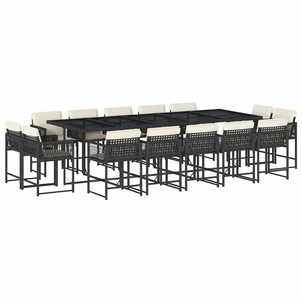 15 Piece Garden Dining Set with Cushions Black Poly Rattan 3211590 - Furniture