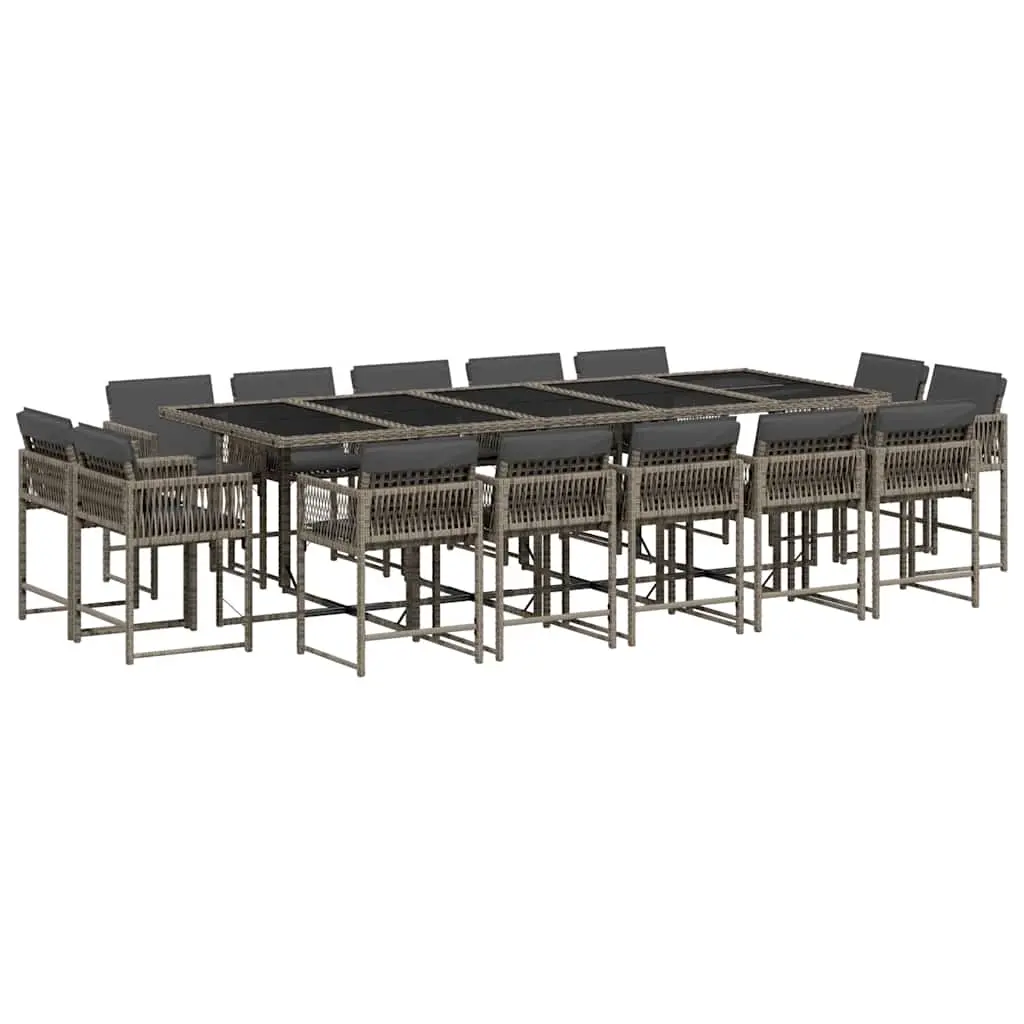15 Piece Garden Dining Set with Cushions Grey Poly Rattan 3211592 - Furniture