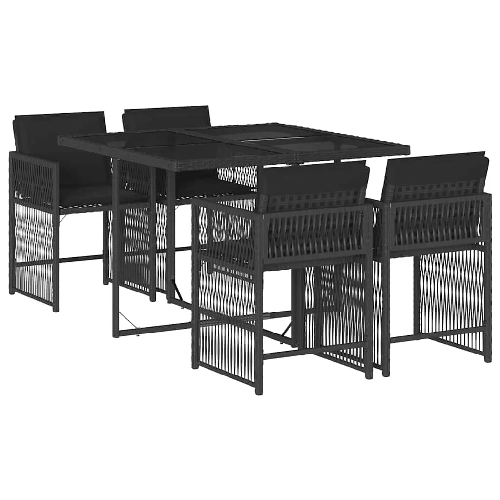 5 Piece Garden Dining Set with Cushions Black Poly Rattan 3211615 - Furniture
