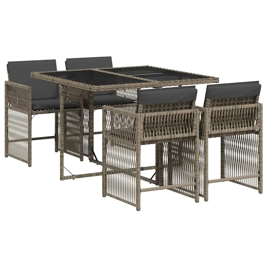 5 Piece Garden Dining Set with Cushions Grey Poly Rattan 3211616 - Furniture