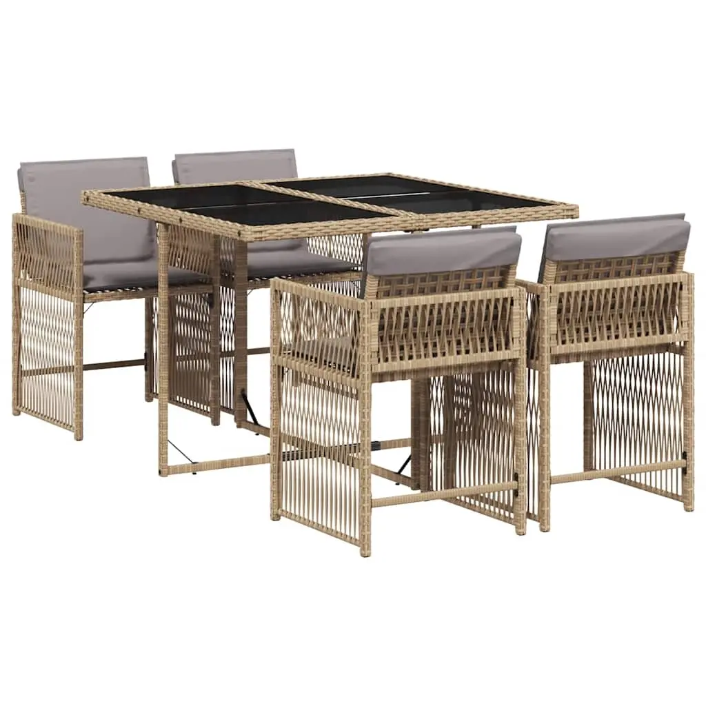 5 Piece Garden Dining Set with Cushions Mix Beige Poly Rattan 3211620 - Furniture