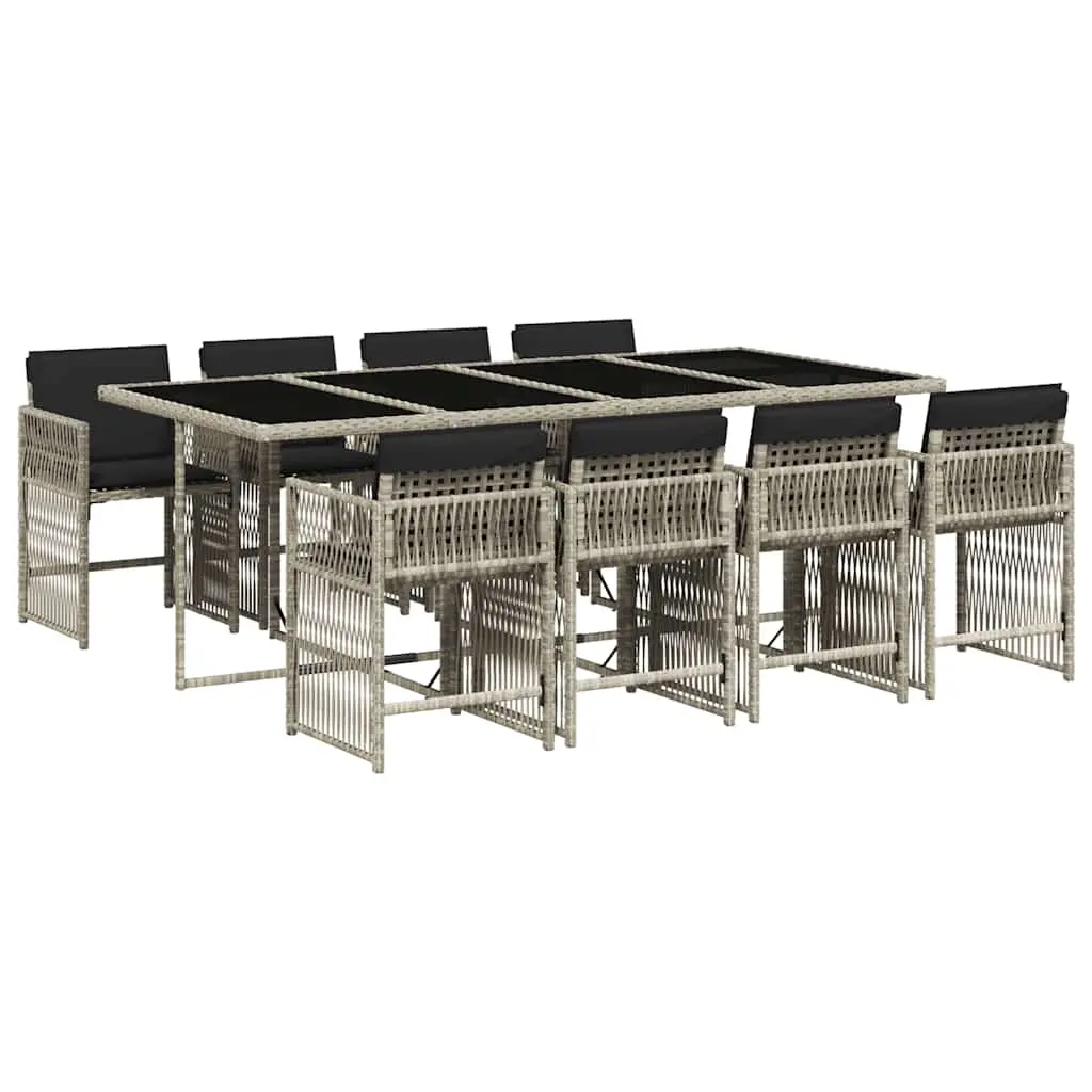 9 Piece Garden Dining Set with Cushions Light Grey Poly Rattan 3211643 - Furniture
