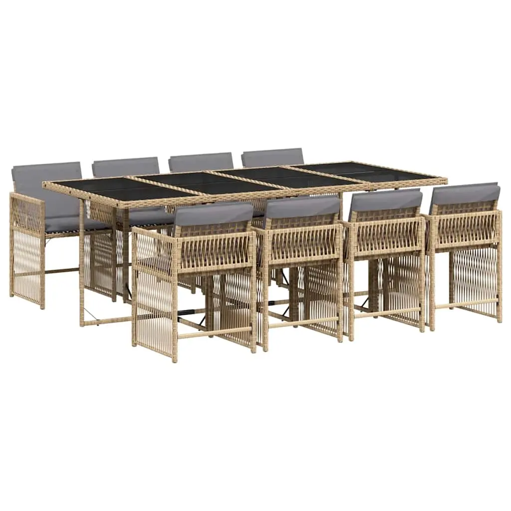 9 Piece Garden Dining Set with Cushions Mix Beige Poly Rattan 3211644 - Furniture