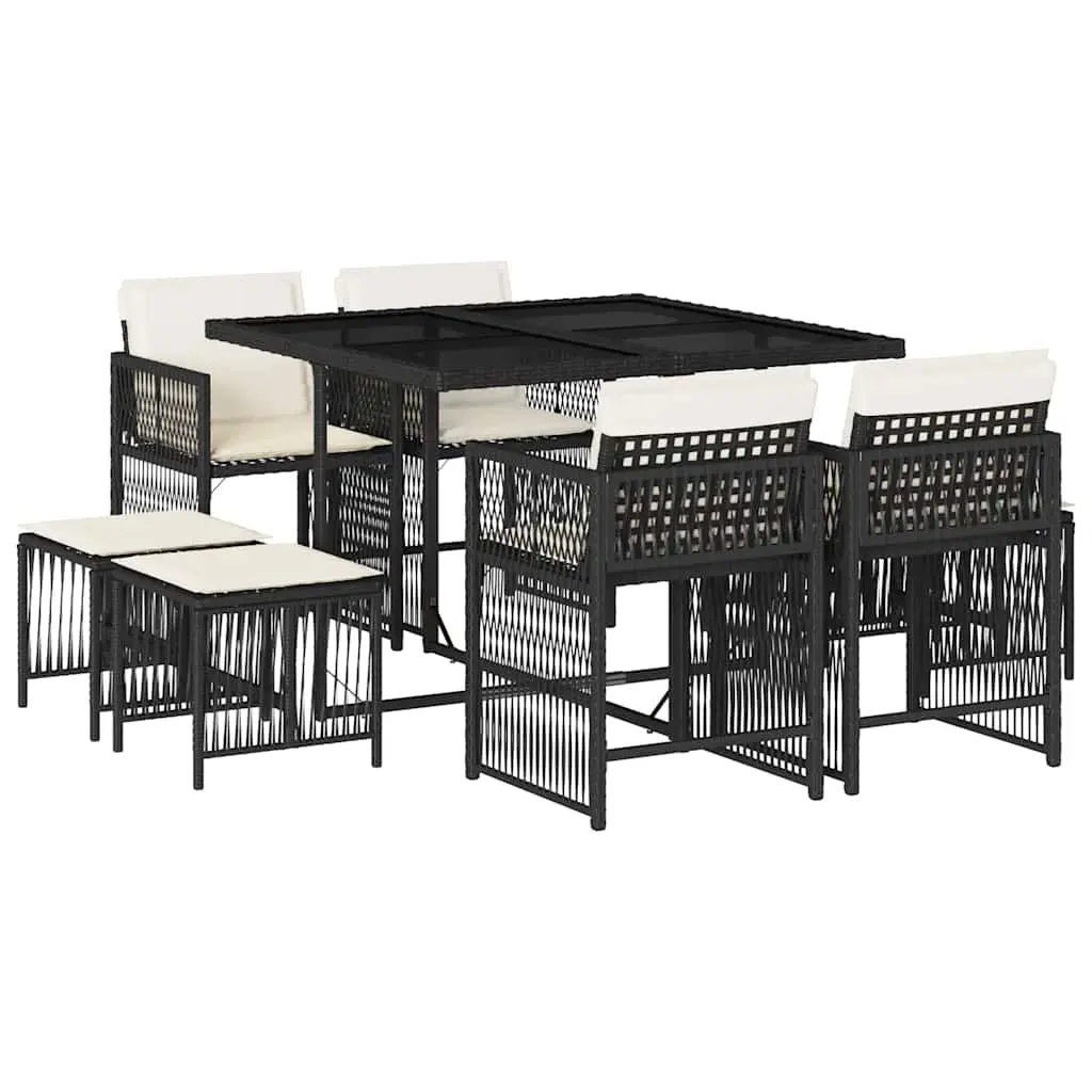 9 Piece Garden Dining Set with Cushions Black Poly Rattan 3211674 - Furniture
