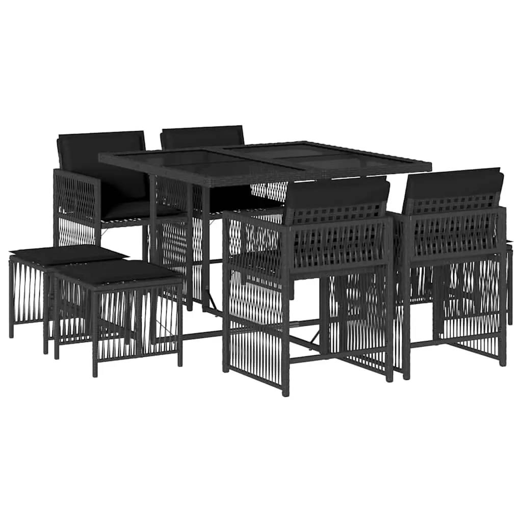 9 Piece Garden Dining Set with Cushions Black Poly Rattan 3211675 - Furniture