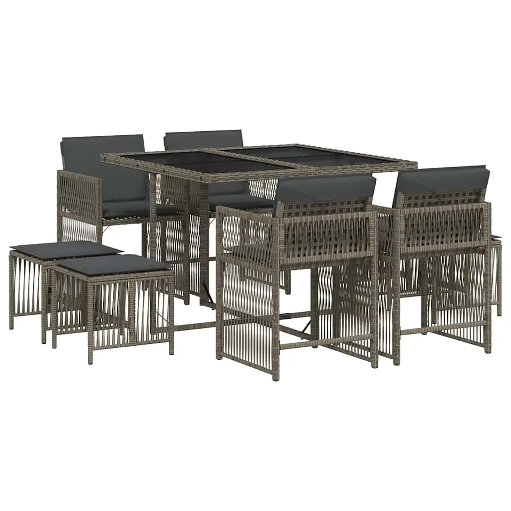 9 Piece Garden Dining Set with Cushions Grey Poly Rattan 3211676 - Furniture