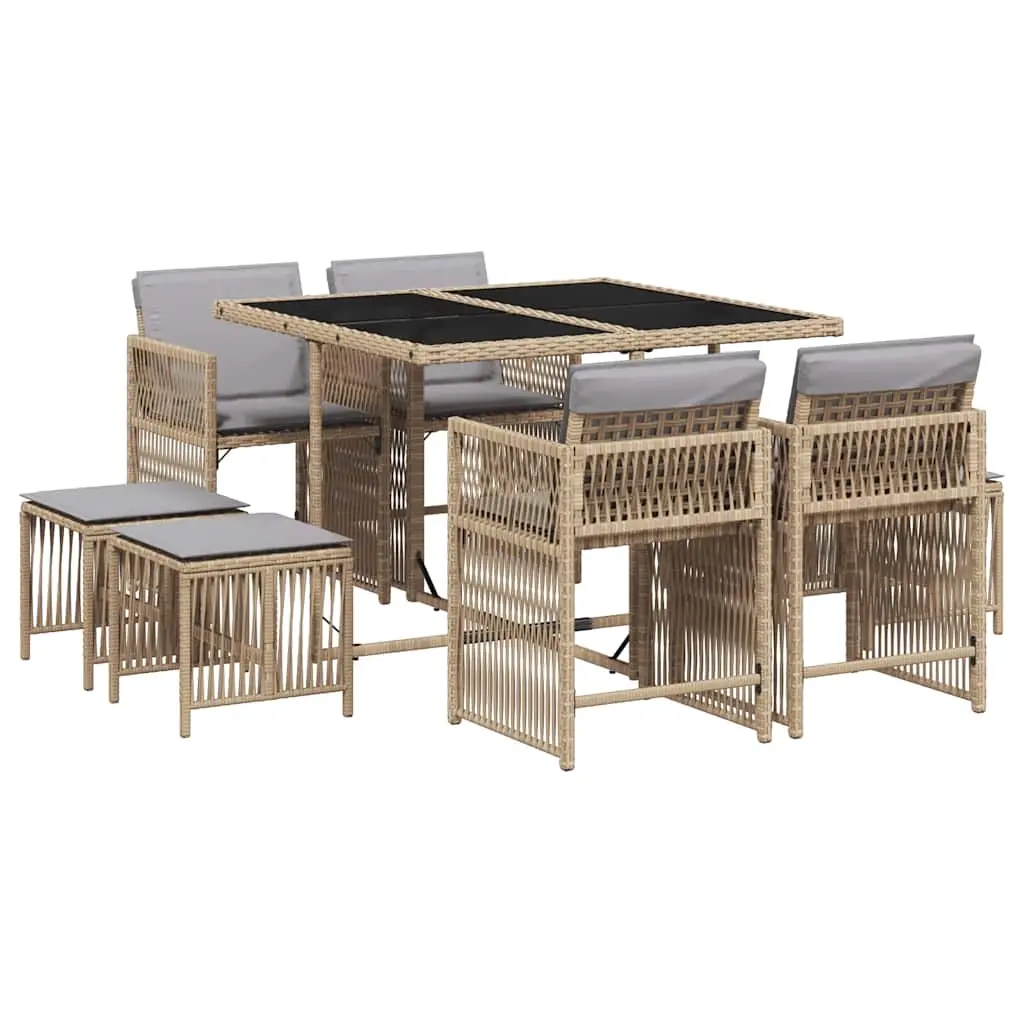 9 Piece Garden Dining Set with Cushions Mix Beige Poly Rattan 3211680 - Furniture