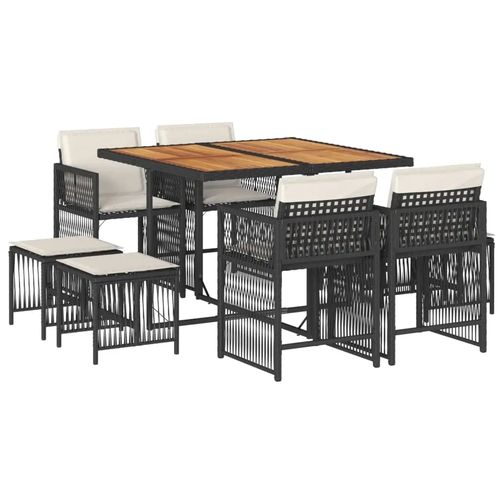 9 Piece Garden Dining Set with Cushions Black Poly Rattan 3211683 - Furniture