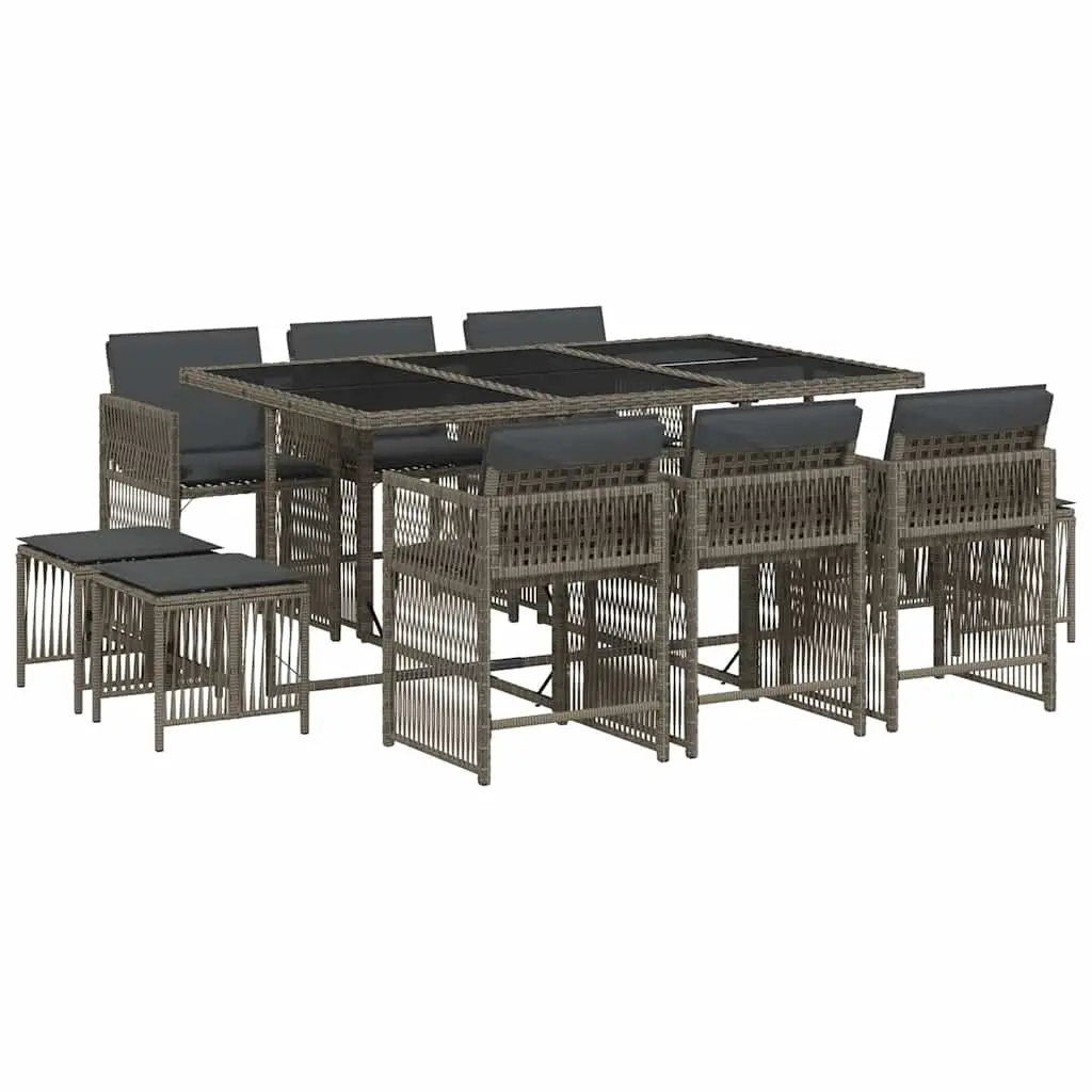 11 Piece Garden Dining Set with Cushions Grey Poly Rattan 3211688 - Furniture