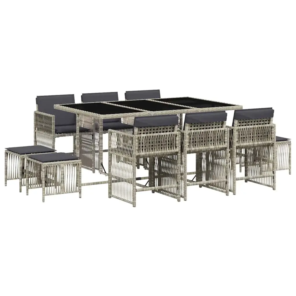11 Piece Garden Dining Set with Cushions Light Grey Poly Rattan 3211691 - Furniture