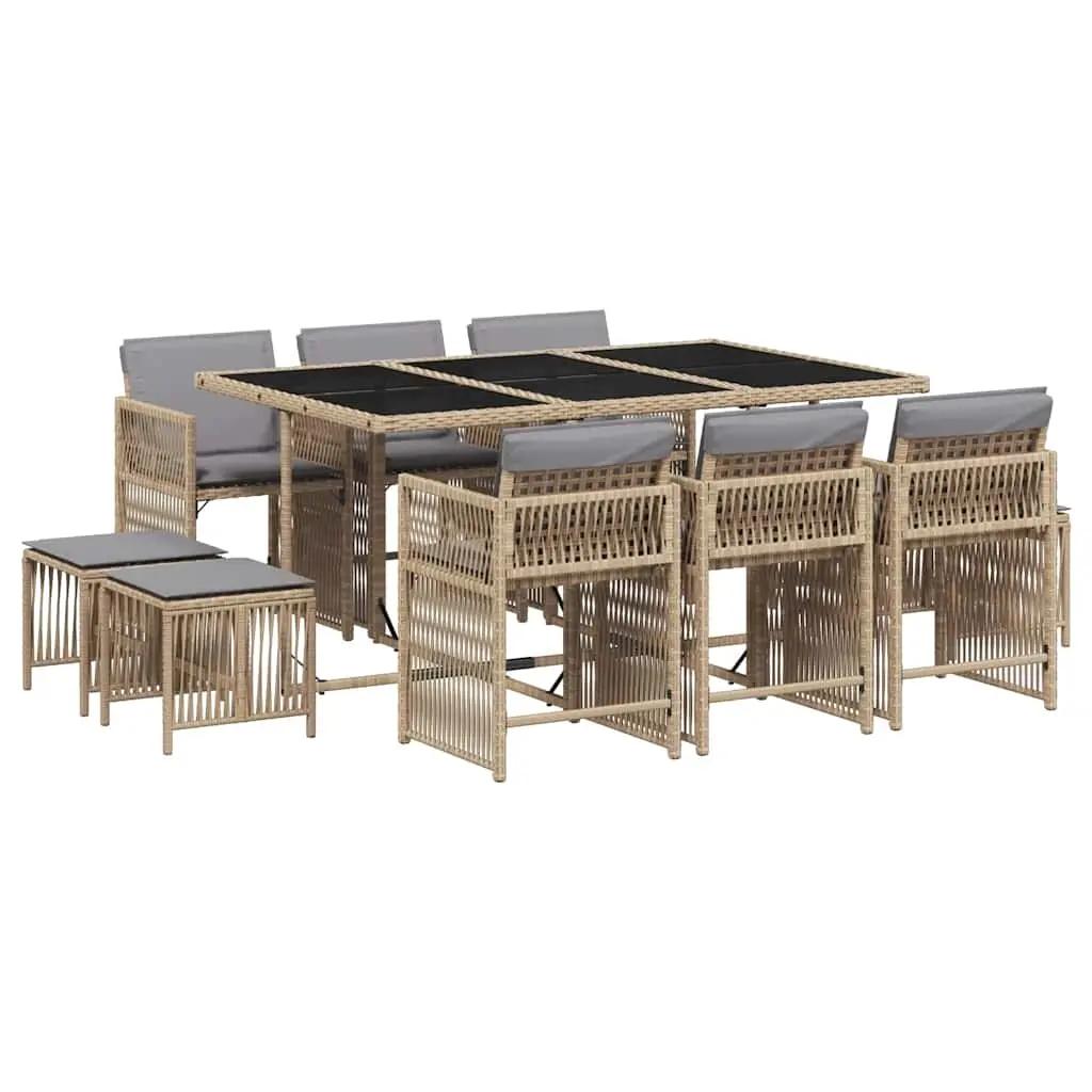 11 Piece Garden Dining Set with Cushions Mix Beige Poly Rattan 3211692 - Furniture