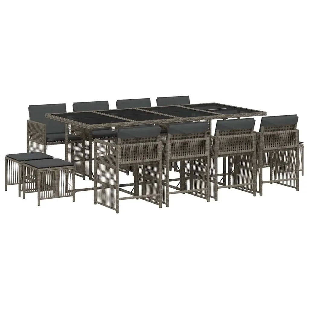 13 Piece Garden Dining Set with Cushions Grey Poly Rattan 3211700 - Furniture