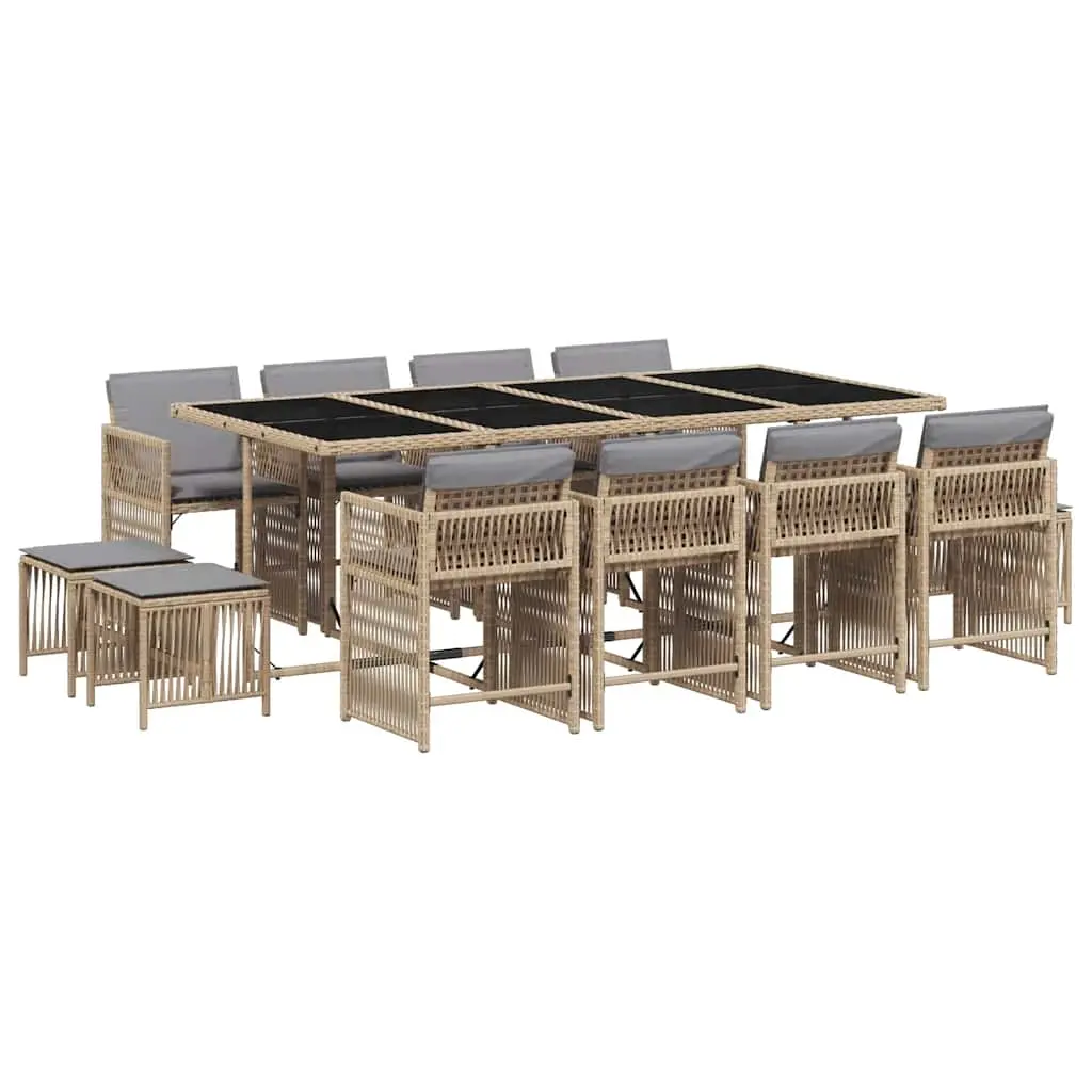 13 Piece Garden Dining Set with Cushions Mix Beige Poly Rattan 3211704 - Furniture