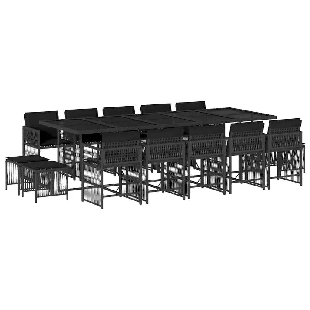15 Piece Garden Dining Set with Cushions Black Poly Rattan 3211711 - Furniture