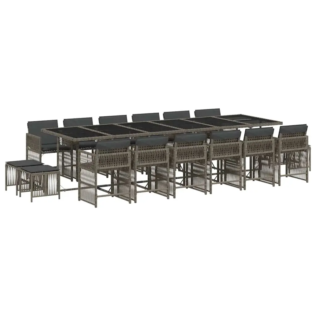17 Piece Garden Dining Set with Cushions Grey Poly Rattan 3211724 - Furniture