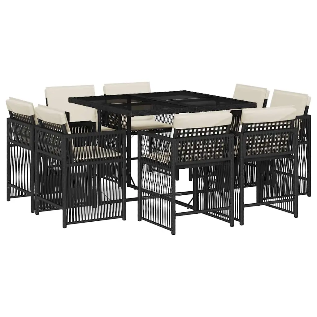 9 Piece Garden Dining Set with Cushions Black Poly Rattan 3211734 - Furniture
