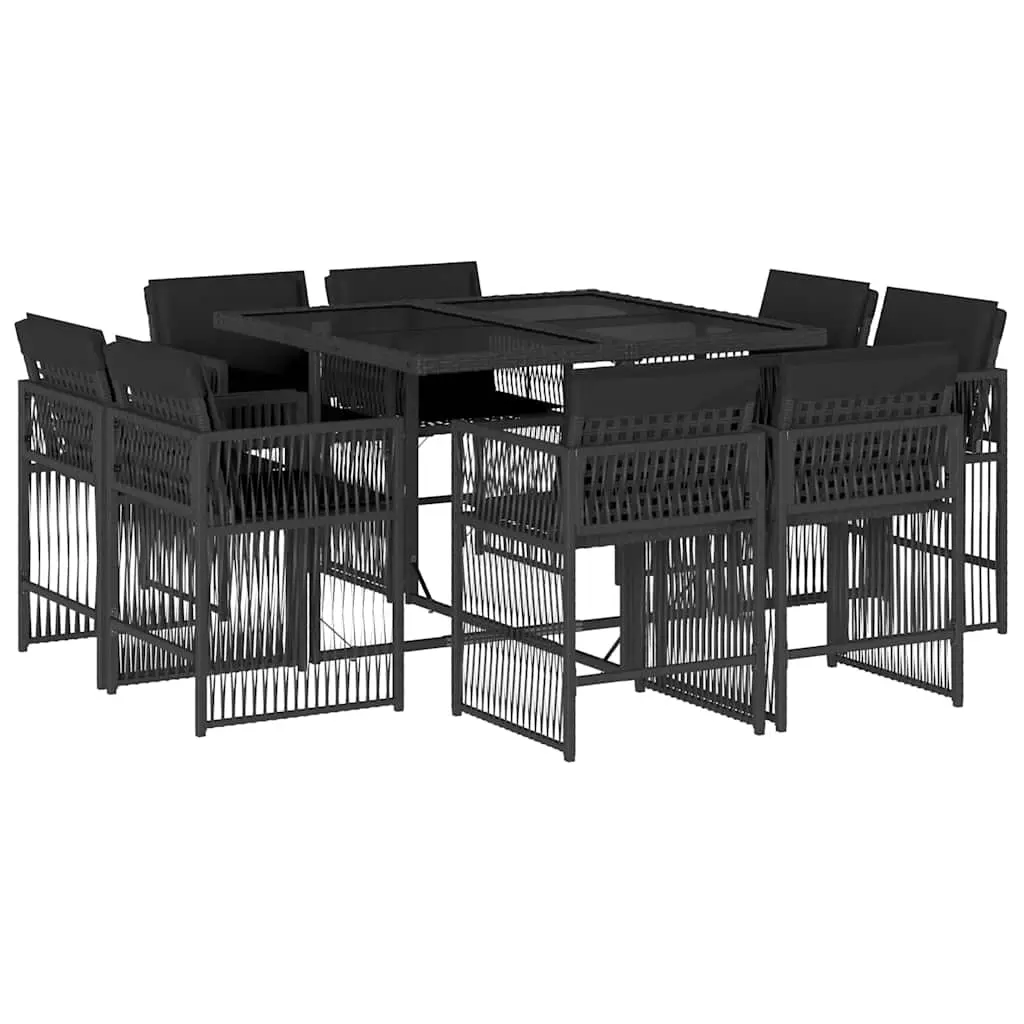 9 Piece Garden Dining Set with Cushions Black Poly Rattan 3211735 - Furniture