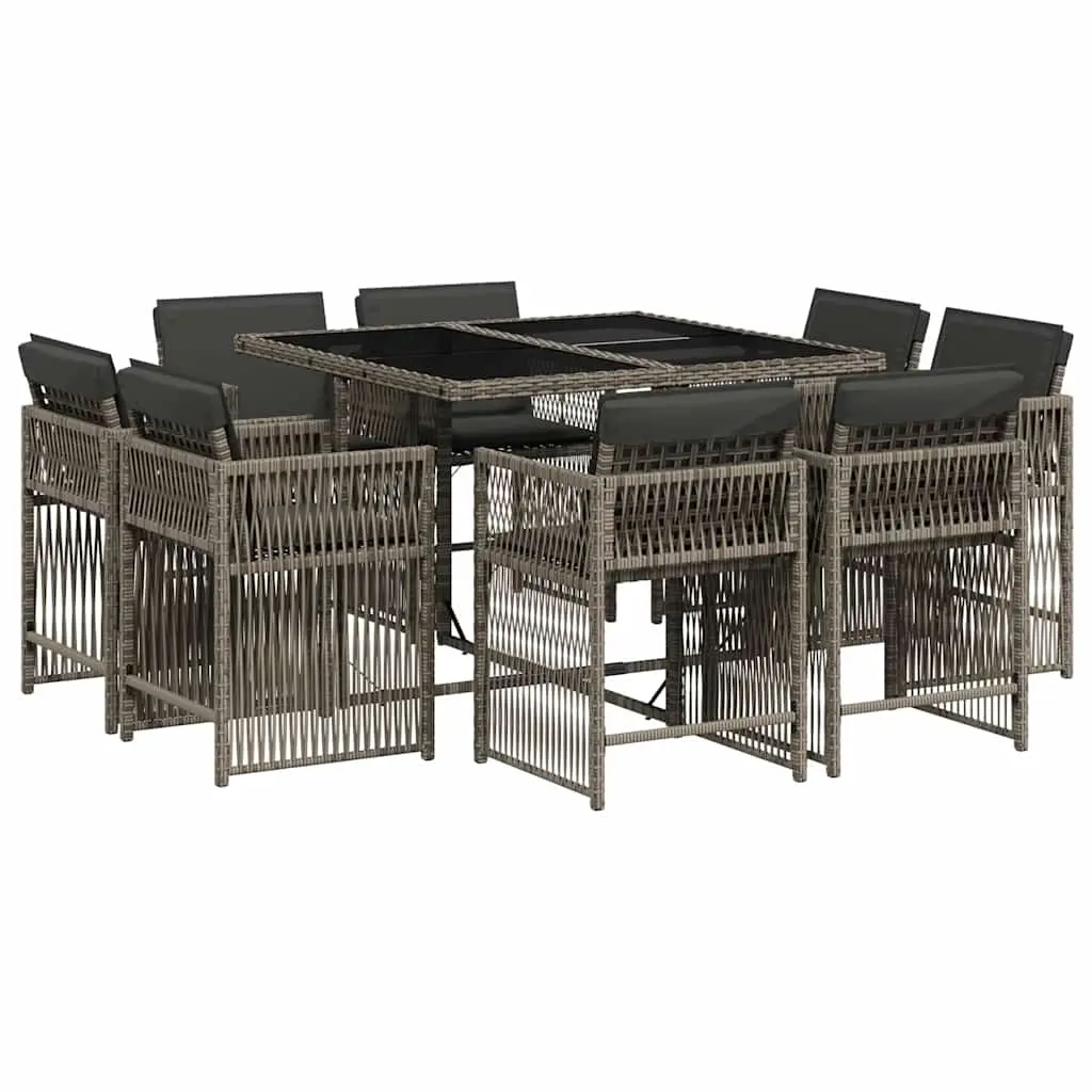9 Piece Garden Dining Set with Cushions Grey Poly Rattan 3211736 - Furniture