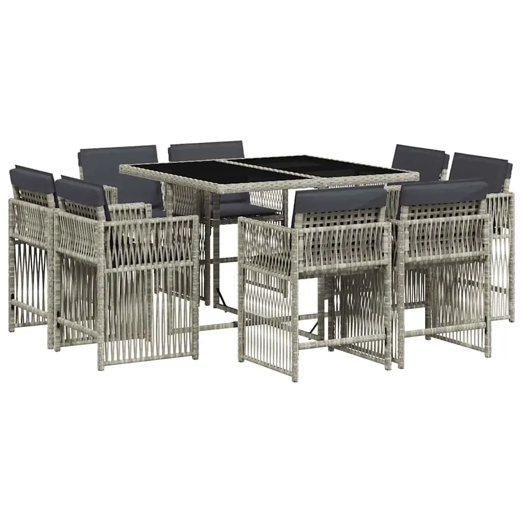 9 Piece Garden Dining Set with Cushions Light Grey Poly Rattan 3211739 - Furniture