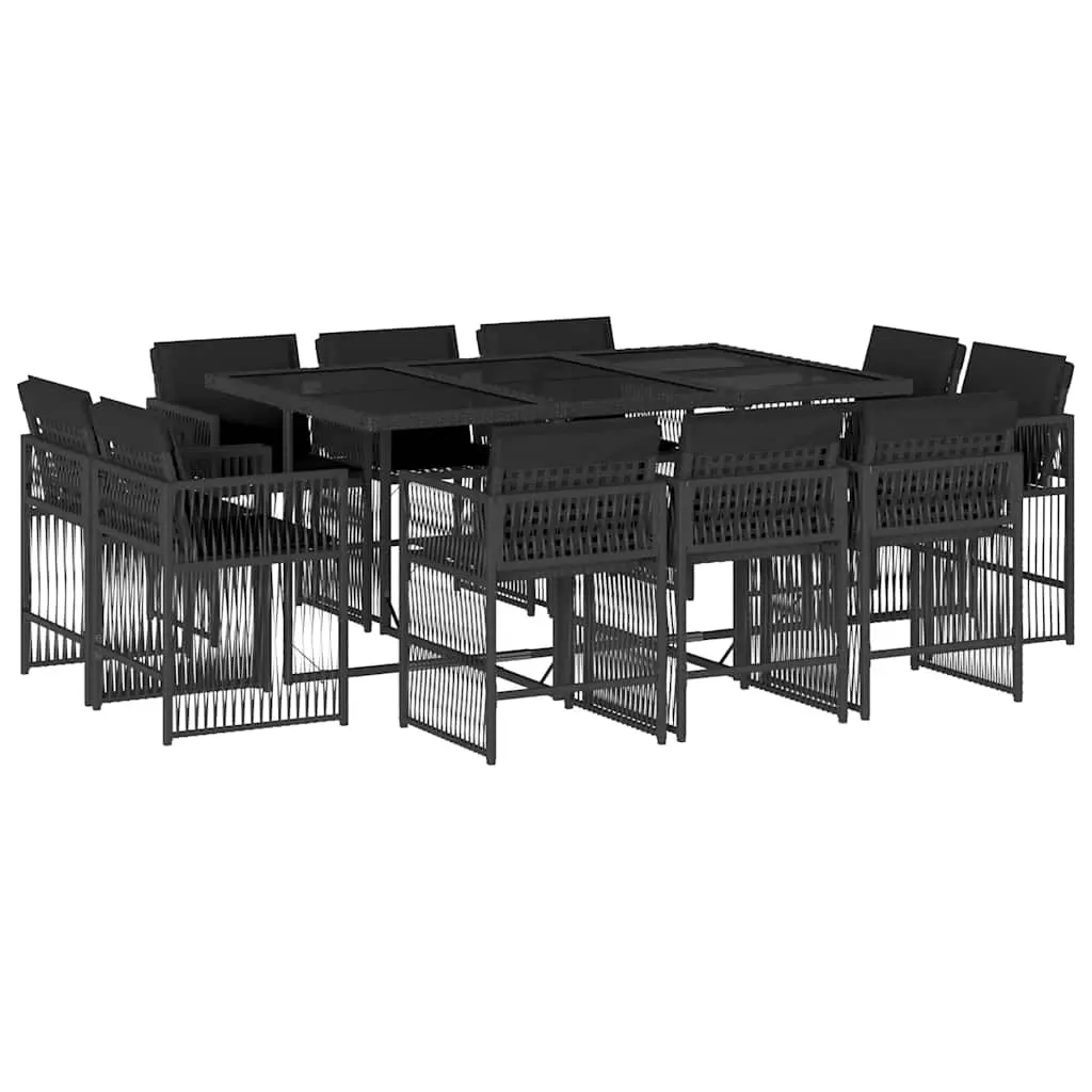 11 Piece Garden Dining Set with Cushions Black Poly Rattan 3211747 - Furniture