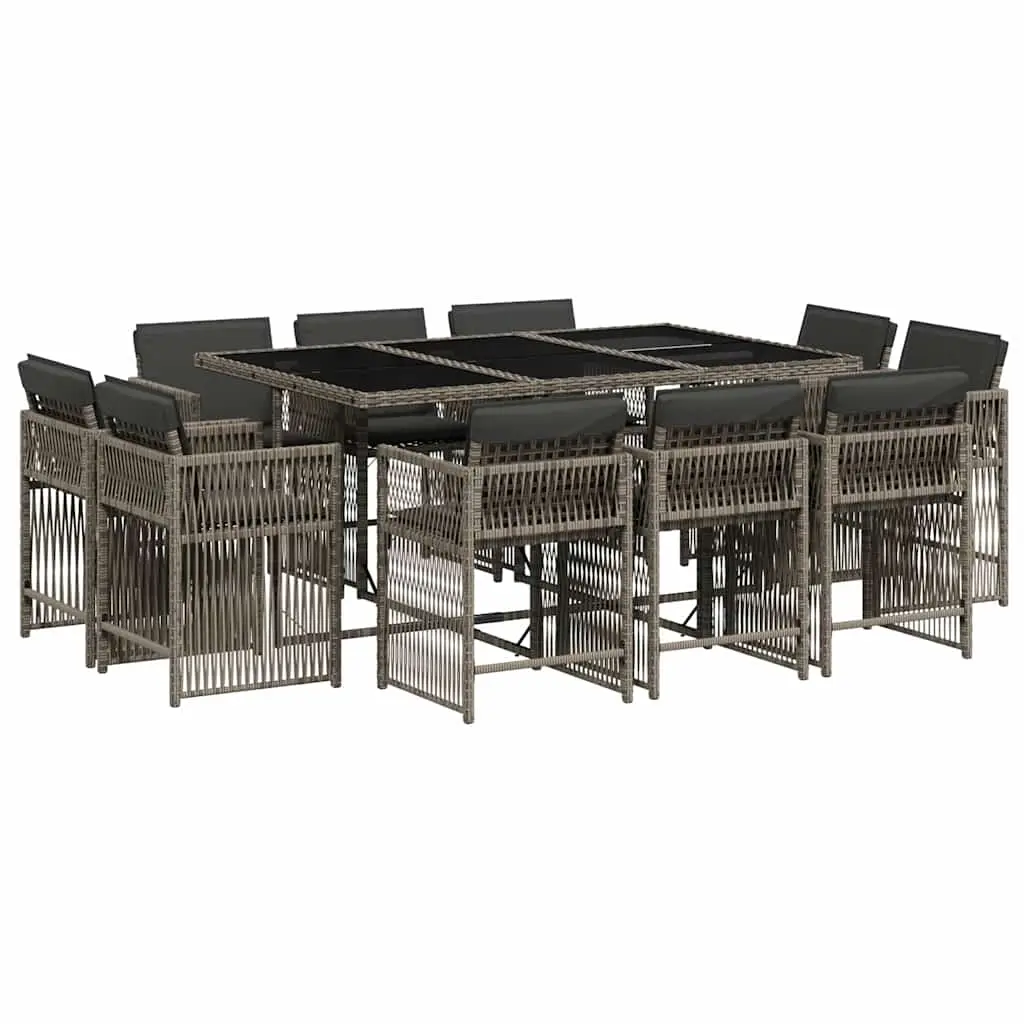 11 Piece Garden Dining Set with Cushions Grey Poly Rattan 3211748 - Furniture