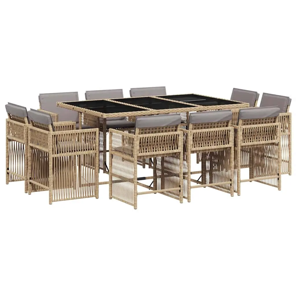 11 Piece Garden Dining Set with Cushions Mix Beige Poly Rattan 3211752 - Furniture