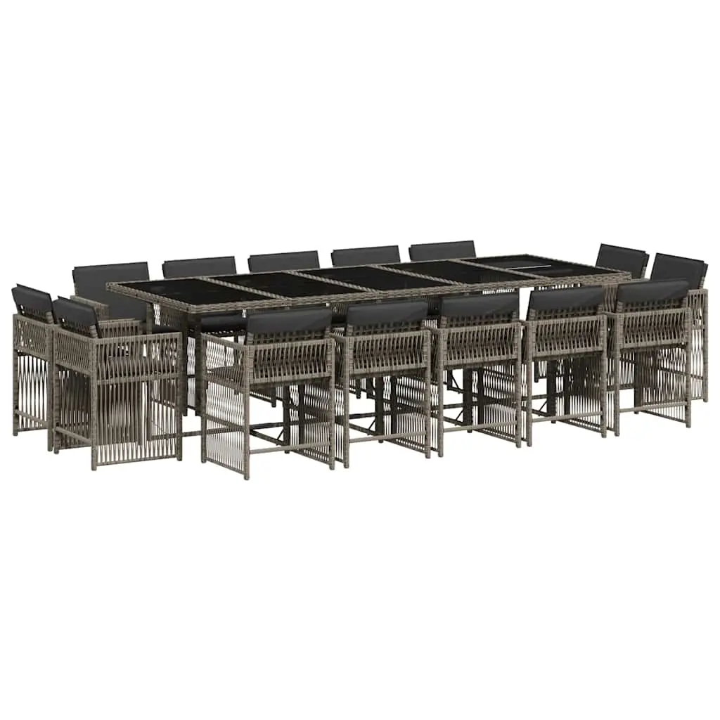 15 Piece Garden Dining Set with Cushions Grey Poly Rattan 3211772 - Furniture