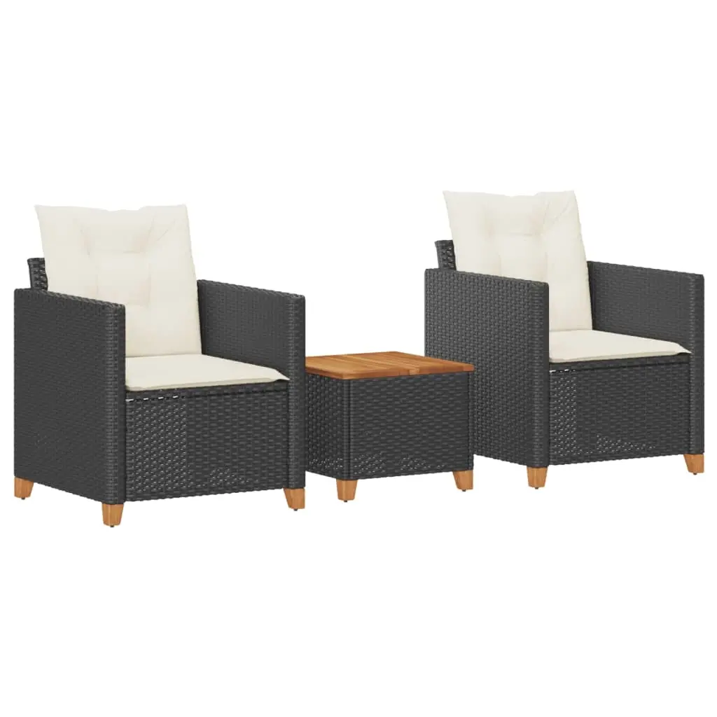 3 Piece Bistro Set with Cushions Black Poly Rattan Acacia Wood 366309 - Furniture