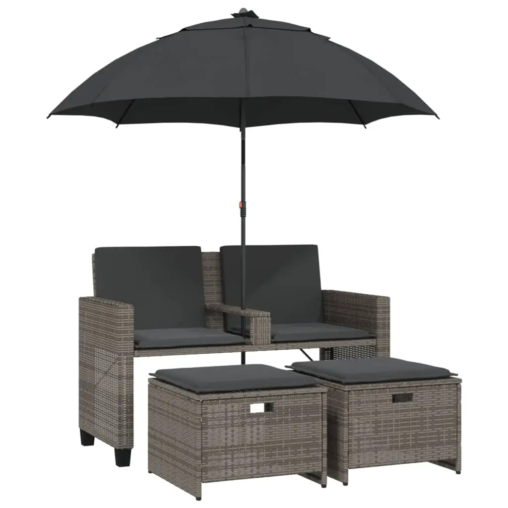 Garden Sofa 2-Seater with Parasol and Stools Grey Poly Rattan 365885