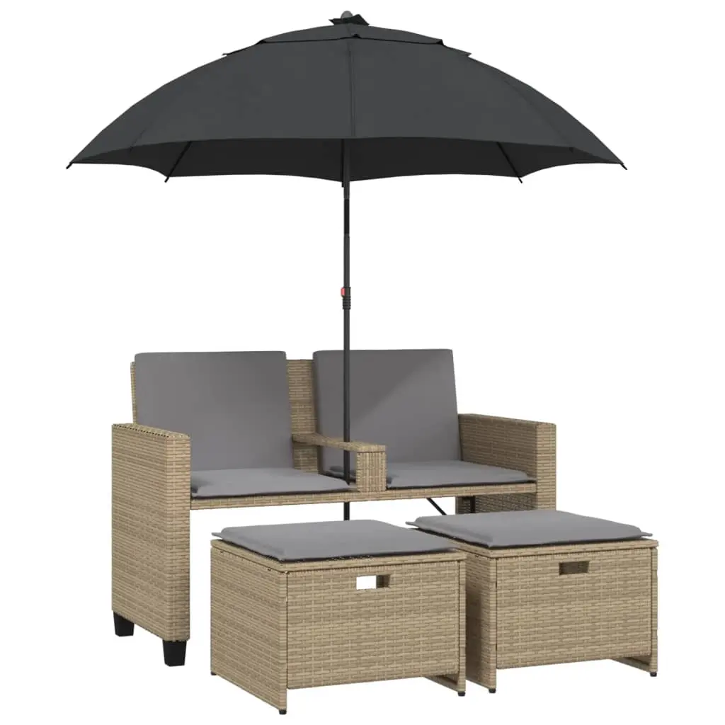 Garden Sofa 2-Seater with Parasol and Stools Beige Poly Rattan 365887