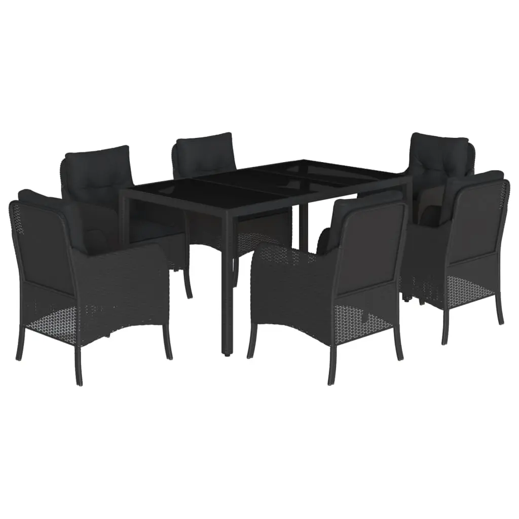 7 Piece Garden Dining Set with Cushions Black Poly Rattan 3211851 - Furniture