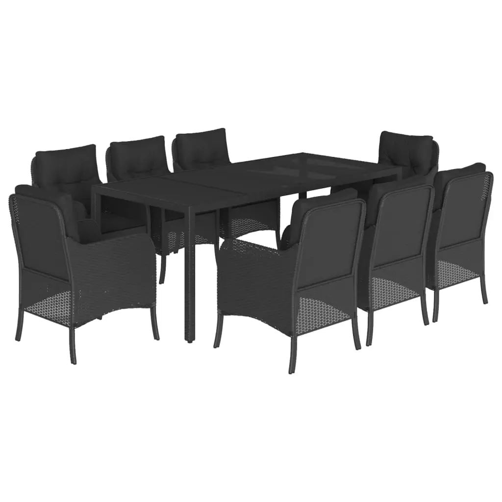 9 Piece Garden Dining Set with Cushions Black Poly Rattan 3211853 - Furniture
