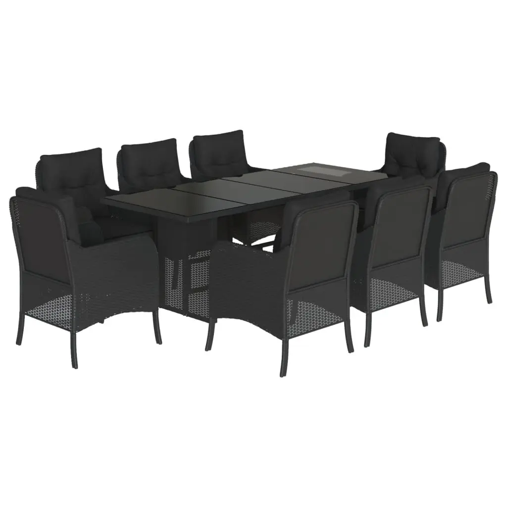 9 Piece Garden Dining Set with Cushions Black Poly Rattan 3211881 - Furniture