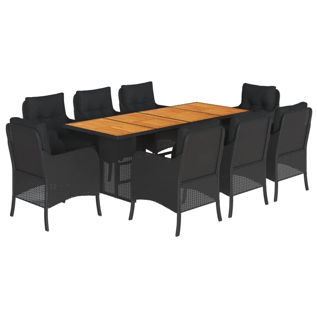9 Piece Garden Dining Set with Cushions Black Poly Rattan 3211897 - Furniture