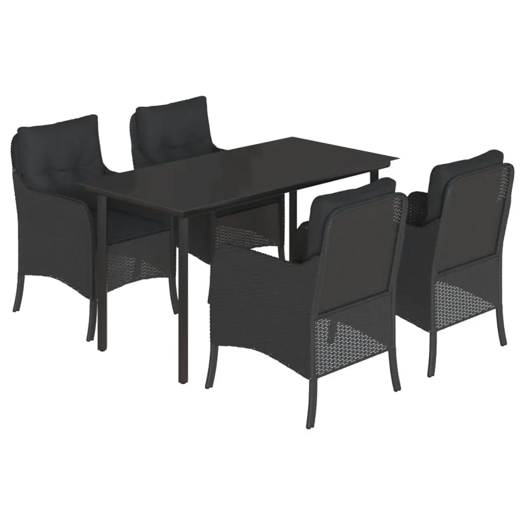5 Piece Garden Dining Set with Cushions Black Poly Rattan 3211929 - Furniture