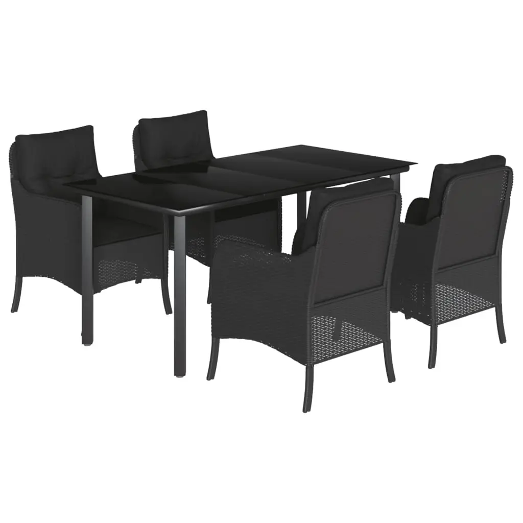 5 Piece Garden Dining Set with Cushions Black Poly Rattan 3211930 - Furniture