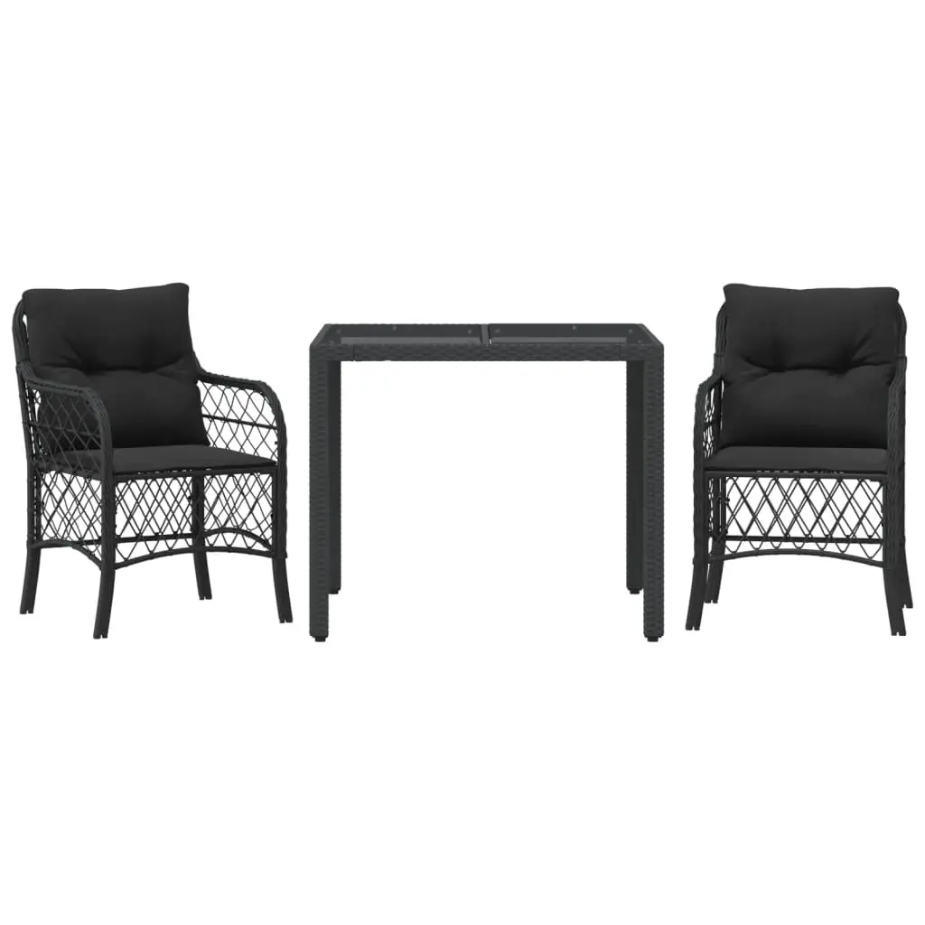 3 Piece Bistro Set with Cushions Black Poly Rattan 3212024 - Furniture