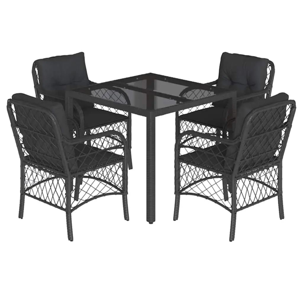 5 Piece Garden Dining Set with Cushions Black Poly Rattan 3212025 - Furniture