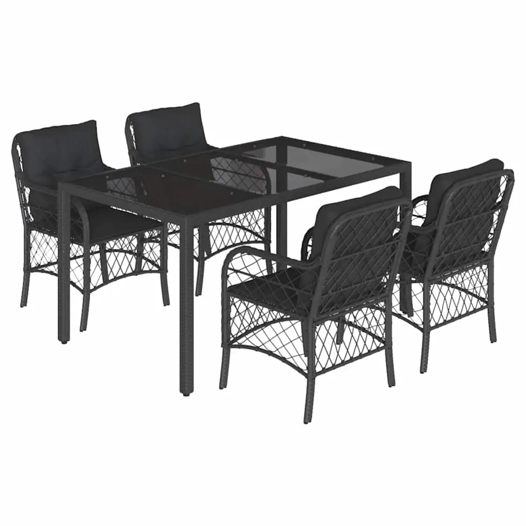 5 Piece Garden Dining Set with Cushions Black Poly Rattan 3212026 - Furniture