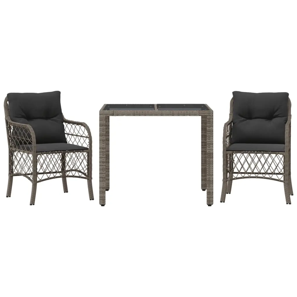 3 Piece Bistro Set with Cushions Grey Poly Rattan 3212030 - Furniture